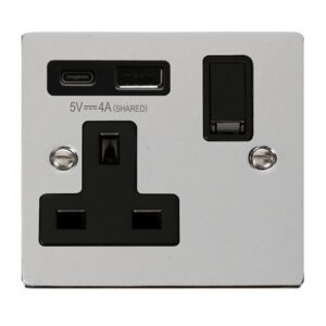 Click Scolmore - Click Deco Deco Non Ingot 13A 1 Gang Switched Safety Shutter Socket Outlet With Type A & C Usb (4A) Outlets Polished Chrome Black Inserts (VPCH785BK)
