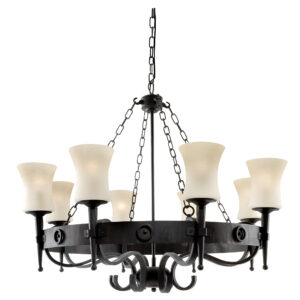 Ceiling Pendants - Searchlight Cartwheel 8Lt Pendant Black Metal & Sanded Glass (0818-8BK)