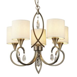 Ceiling Pendants - Searchlight Alberto 5Lt Pendant Antique Brass Crystal & Linen Shade (1605-5AB)