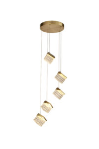 Ceiling Pendants - Searchlight Cuboid 5Lt LED Multi Drop Pendant Satin Brass Metal with Cl (33640-5SB)