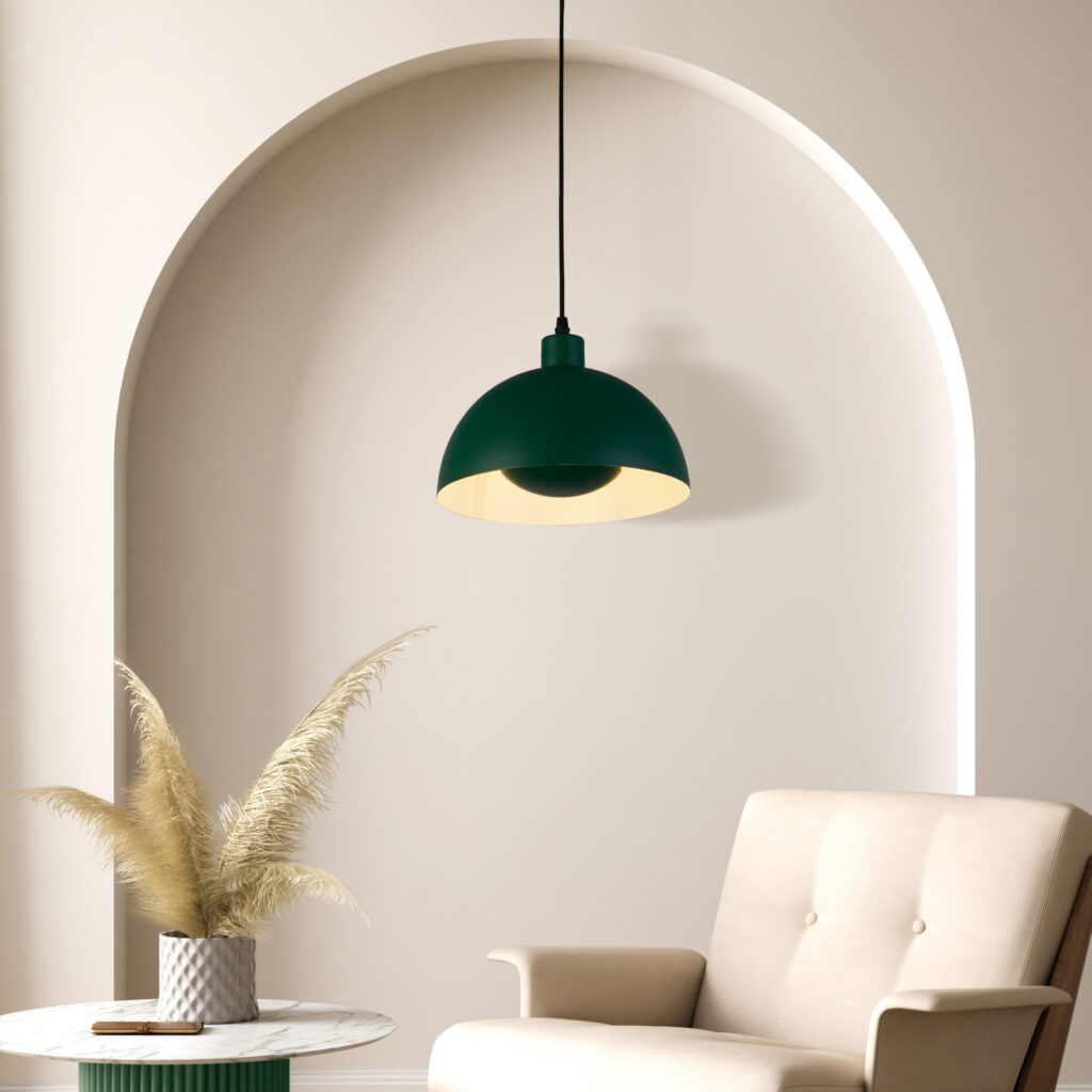 Searchlight Mars 1LT Pendant Matt Green Metal & Cream Inner 40cm ...