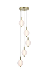 Ceiling Pendants - Searchlight Luminique LED 5Lt Pendant Satin Brass Metal with Glass (69410-5SB)