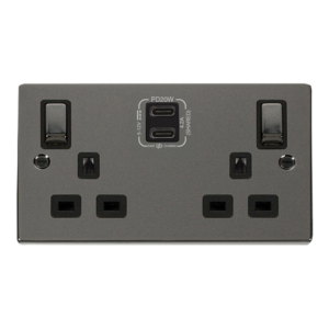Click Scolmore Deco 'INGOT' 13A 2 Gang Switched Socket With Twin Type C USB (4.2A) Outlets In Black Nickel With Black Inserts. (VPBN596BK)