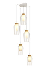 Ceiling Pendants - Mantra Nora 63.3cm Round Pendant 5 Light Adjustable E27 White/Wood/Clear Glass With Frosted Inner (M8275)
