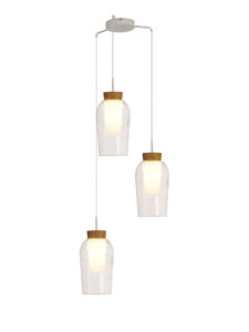 Ceiling Pendants - Mantra Nora 53.4cm Round Pendant 3 Light Adjustable E27 White/Wood/Clear Glass With Frosted Inner (M8276)