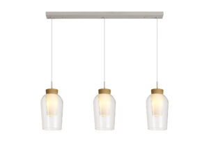 Ceiling Pendants - Mantra Nora Linear Pendant 3 Light Adjustable E27 White/Wood/Clear Glass With Frosted Inner (M8277)