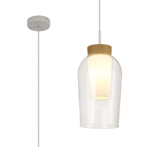 Ceiling Pendants - Mantra Nora 18cm Single Pendant 1 Light Adjustable E27 White/Wood/Clear Glass With Frosted Inner (M8278)