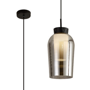 Ceiling Pendants - Mantra Nora 18cm Single Pendant 1 Light Adjustable E27 Black/Black Marble/Chrome Glass With Frosted Inner (M8286)