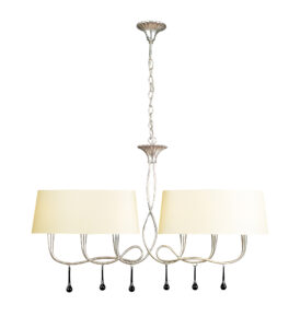 Ceiling Pendants - Mantra Paola Linear Pendant 2 Arm 6 Light E14 Silver Painted With Cream Shades & Black Glass Droplets (M0531/CS)