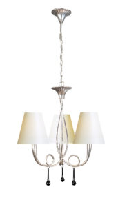 Ceiling Pendants - Mantra Paola 55cm Pendant 3 Light E14 Silver Painted With Cream Shades & Black Glass Droplets (M0532/CS)