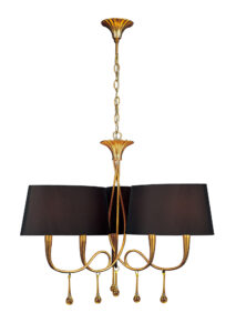 Ceiling Pendants - Mantra Paola 64cm Pendant 3 Arm 6 Light E14 Gold Painted With Black Shades & Amber Glass Droplets (M0540/BS)
