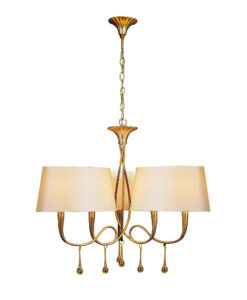 Ceiling Pendants - Mantra Paola 64cm Pendant 3 Arm 6 Light E14 Gold Painted With Cream Shades & Amber Glass Droplets (M0540)