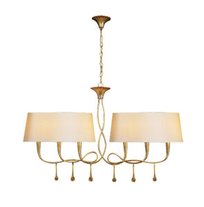Ceiling Pendants - Mantra Paola Linear Pendant 2 Arm 6 Light E14 Gold Painted With Cream Shades & Amber Glass Droplets (M0541)
