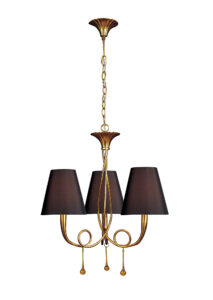 Ceiling Pendants - Mantra Paola 55cm Pendant 3 Light E14 Gold Painted With Black Shades & Amber Glass Droplets (M0542/BS)