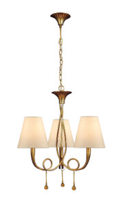 Ceiling Pendants - Mantra Paola 55cm Pendant 3 Light E14 Gold Painted With Cream Shades & Amber Glass Droplets (M0542)