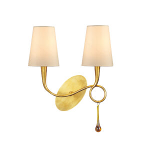 Wall Lighting - Mantra Paola Wall Lamp 2 Light E14 Gold Painted With Cream Shades & Amber Glass Droplets (M0547)