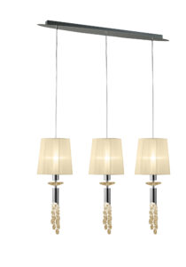 Ceiling Pendants - Mantra Tiffany Linear Pendant 3+3 Light E27+G9 Line Polished Chrome With Cream Shades & Clear Crystal (M3855/CS)