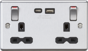 ML Accessories - Knightsbridge 13A 2G DP Socket Dual USB A+C Metal Outboard Rockers with Red Flash (CL9941BC)