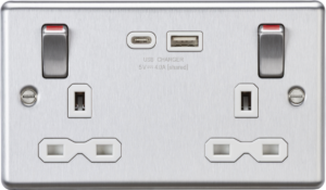 ML Accessories - Knightsbridge 13A 2G DP Socket Dual USB A+C Metal Outboard Rockers with Red Flash (CL9941BCW)